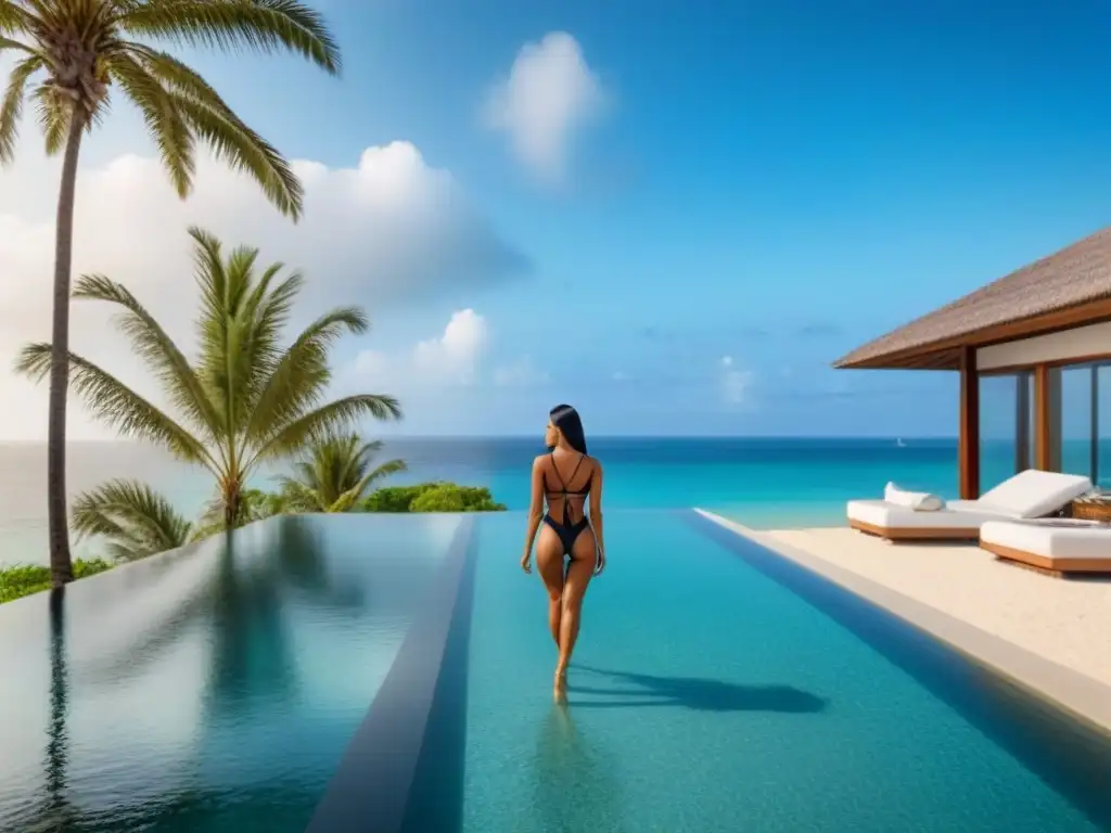 Villa de lujo frente al mar: diseño moderno y vistas panorámicas Villa moderna de lujo frente a la playa con diseño elegante y ventanas panorámicas, piscina infinita y área de descanso al aire libre