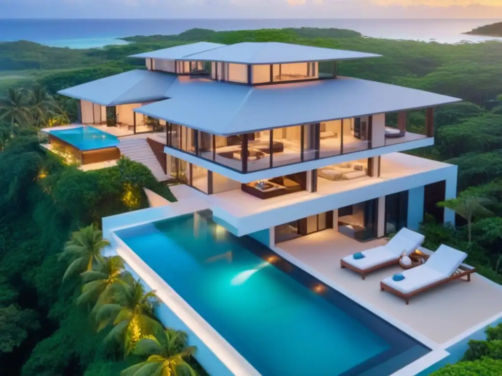 Villa de lujo frente al mar al atardecer: exclusividad y sofisticación Villa moderna de lujo frente a la playa con piscina infinita privada, rodeada de exuberante vegetación tropical al atardecer