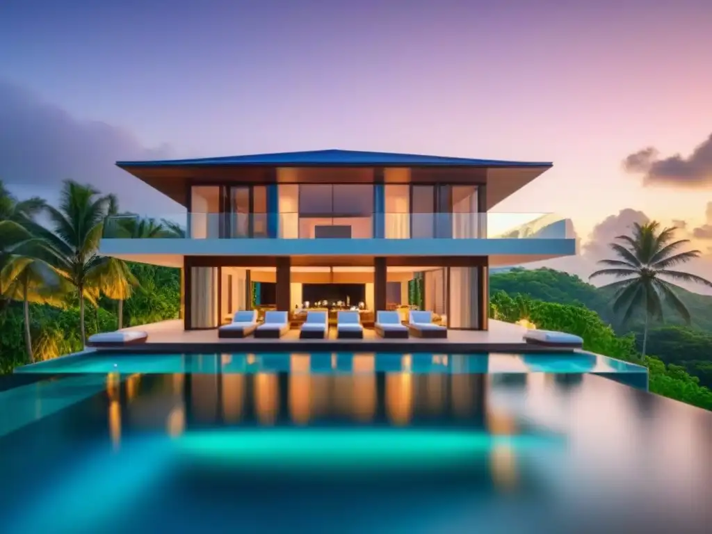 Villa de lujo en isla privada: arquitectura moderna y exclusividad Villa moderna de lujo en isla privada con aguas turquesa, arquitectura elegante y piscina infinita