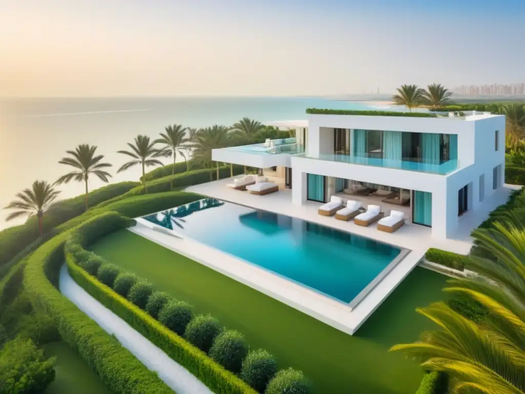 Villa de lujo frente al mar en Medio Oriente: opulencia y exclusividad Una villa moderna de lujo frente al mar en Medio Oriente, con piscina infinita privada y playa de arena blanca