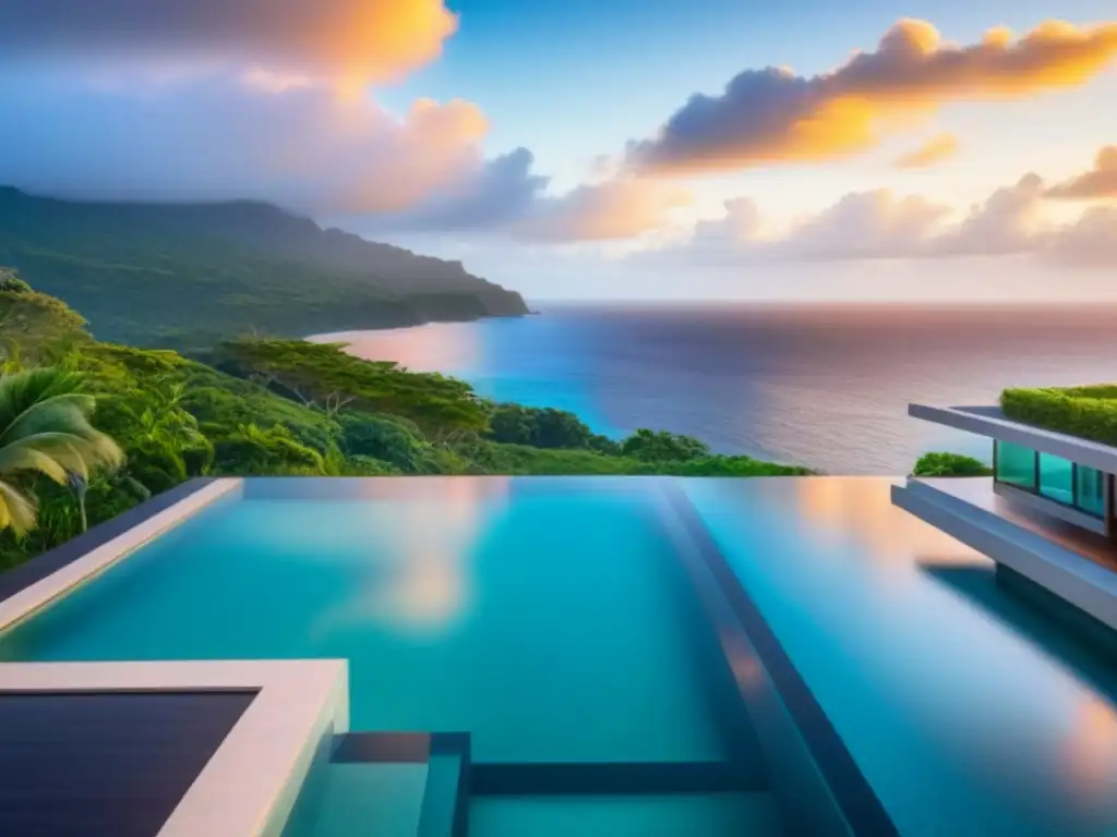 Villa de lujo con vista al mar al atardecer Villa moderna de lujo con piscina infinita, vista al mar al atardecer