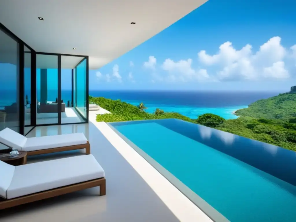 Villa de lujo con piscina infinita en paraíso tropical Villa moderna de lujo con piscina infinita y vista al mar turquesa, rodeada de vegetación tropical bajo cielo azul