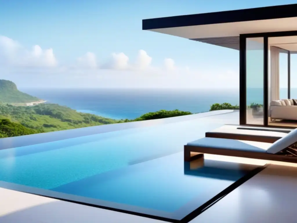 Villa de lujo con piscina infinita y vistas costeras Villa moderna de lujo con piscina infinita y vista costera, rodeada de vegetación exuberante bajo cielo azul