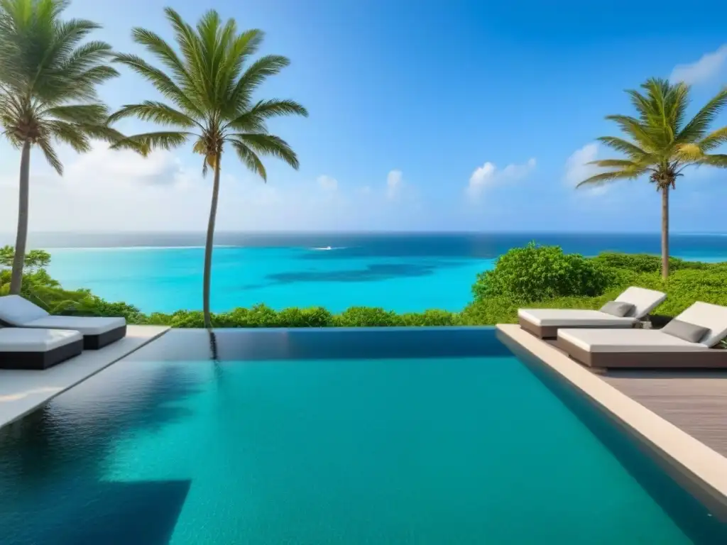 Villa de lujo frente al mar: diseño moderno y vistas paradisíacas Villa moderna de lujo en la playa con vista al mar turquesa, piscina infinity y mobiliario elegante