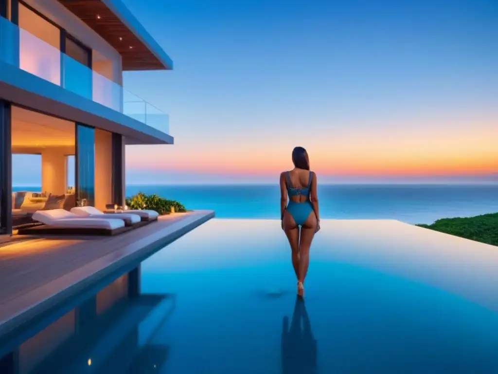 Villa de lujo frente al mar con atardecer impresionante Villa moderna de lujo en la playa con atardecer sobre el mar, piscina infinity y jardín exquisito