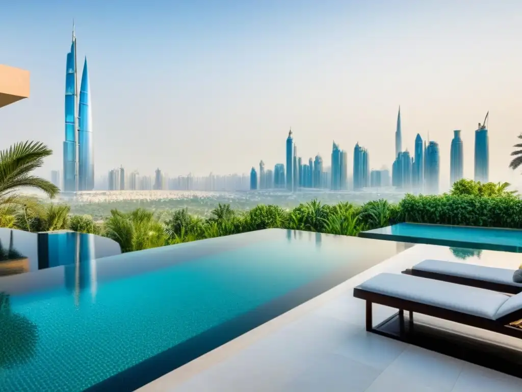 Villa de lujo en ciudad vibrante del Medio Oriente Villa moderna de lujo rodeada de vegetación exuberante y piscina infinita con vista a la ciudad
