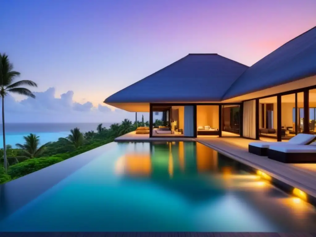 Villa de lujo frente al mar con piscina infinita privada Villa moderna de lujo con vistas a la playa, diseño arquitectónico elegante y piscina infinita privada al atardecer