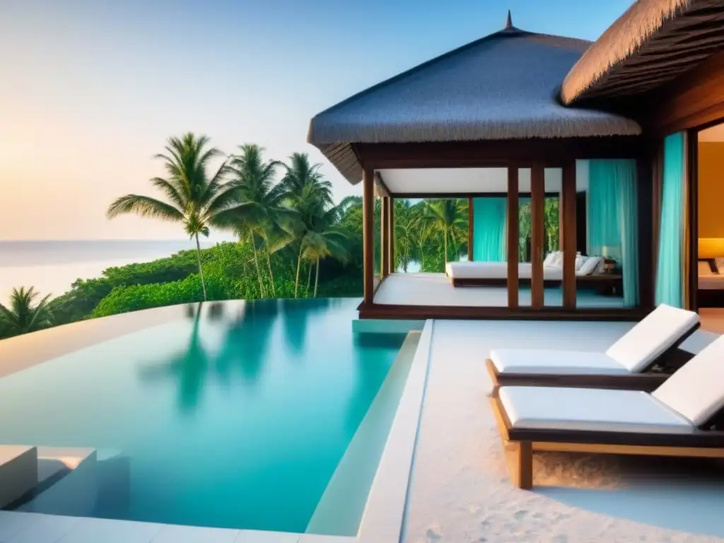 Villa de lujo frente al mar con piscina infinita privada Villa moderna frente al mar con vistas panorámicas al mar turquesa, piscina infinita y playa de arena blanca