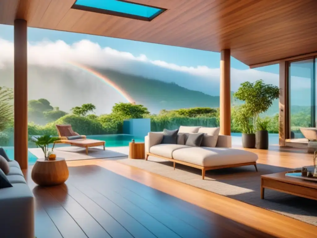 Villa de lujo sostenible: diseño moderno en armonía con la naturaleza Villa moderna rodeada de vegetación, paneles solares brillantes y diseño sostenible, bajo un cielo azul con arcoíris al fondo