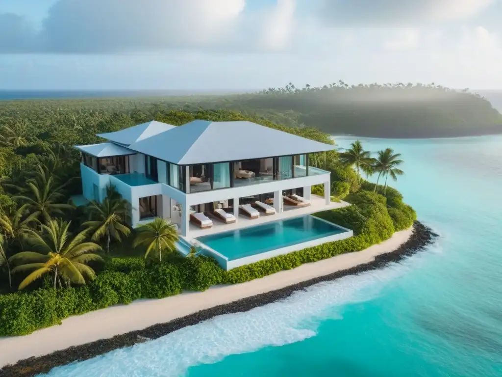 Villa de lujo con vistas al mar en el Caribe Villa moderna con ventanales, piscina infinita y palmeras en Caribe