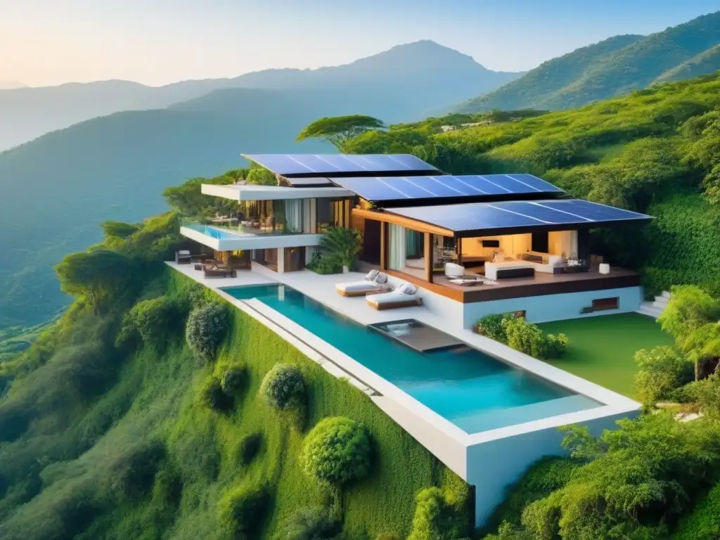 Villa sostenible de lujo en armonía con la naturaleza Una villa sostenible de lujo entre exuberante vegetación con paneles solares, diseño moderno y piscina infinita