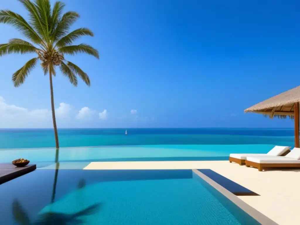 Villa de lujo con infinity pool frente al mar Villa de vacaciones frente al mar con piscina infinita, rodeada de palmeras bajo un cielo azul