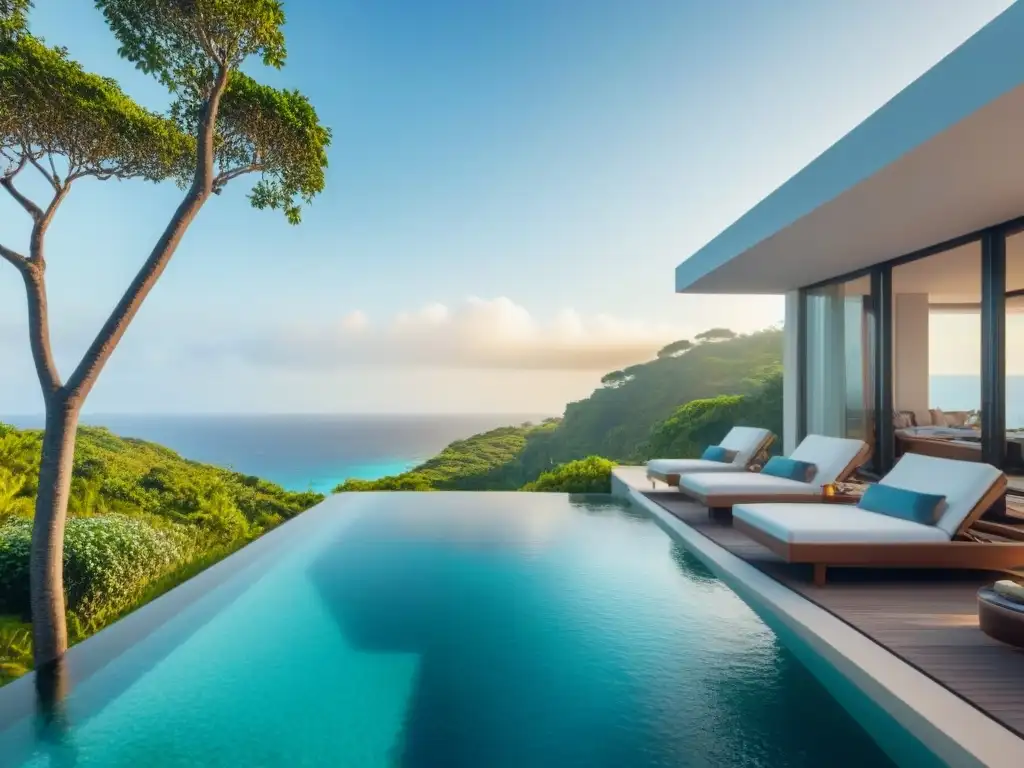 Villa de lujo con vistas al océano: paraíso vacacional Villa de vacaciones de lujo con vista al océano turquesa, piscina infinita y muebles de diseño