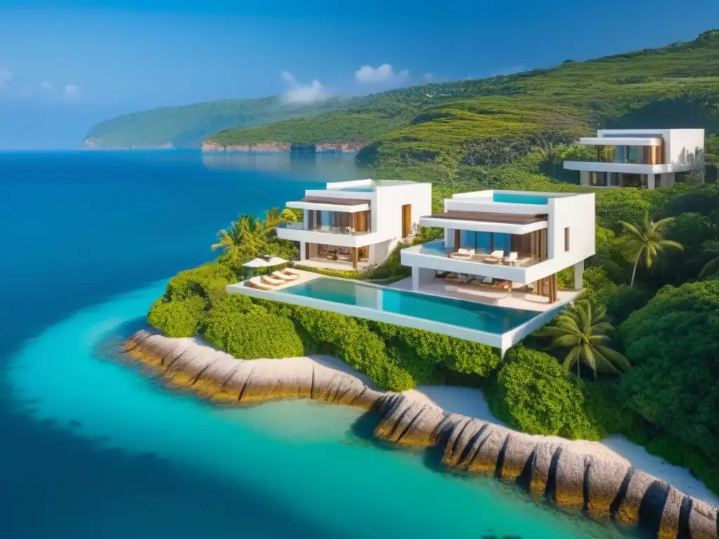 Exclusivo complejo de villas en costa idílica: lujo y sostenibilidad Villas de lujo con impacto del cambio climático en un entorno costero sereno