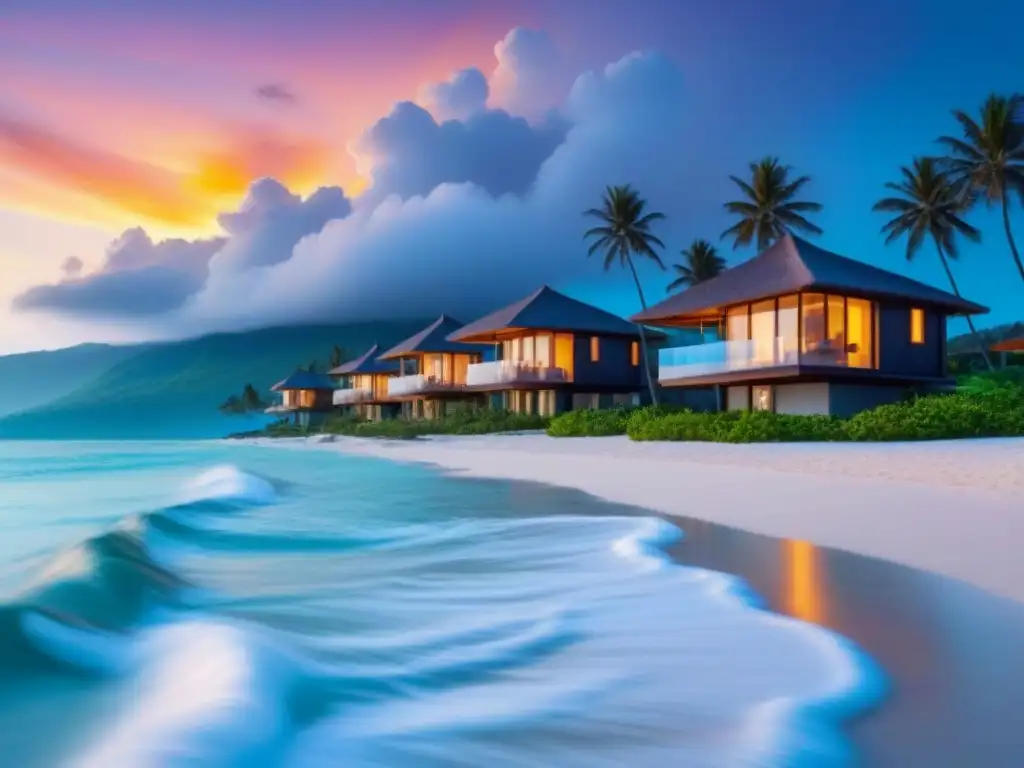Villas de lujo en costa tropical al atardecer Inversión en villas de lujo frente al mar, mostrando el impacto del cambio climático en una impresionante costa