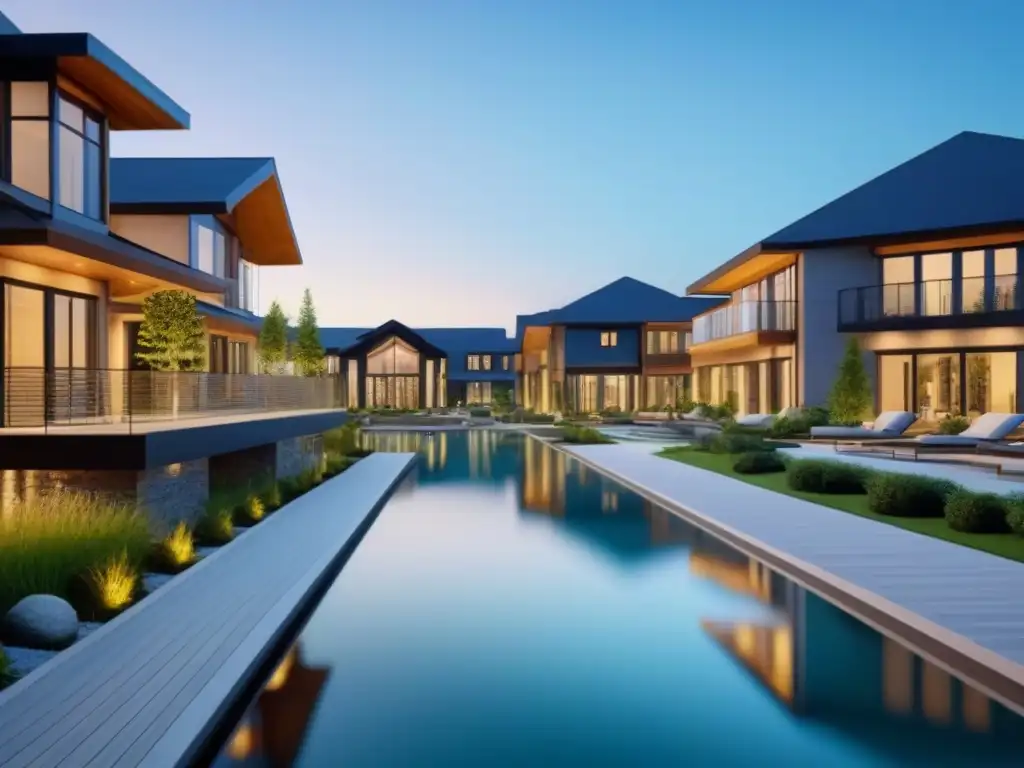 Retiro de lujo en América del Norte: villas modernas junto a un lago sereno Villas de lujo en residencial de retiro en Norteamérica, rodeadas de naturaleza y serenidad