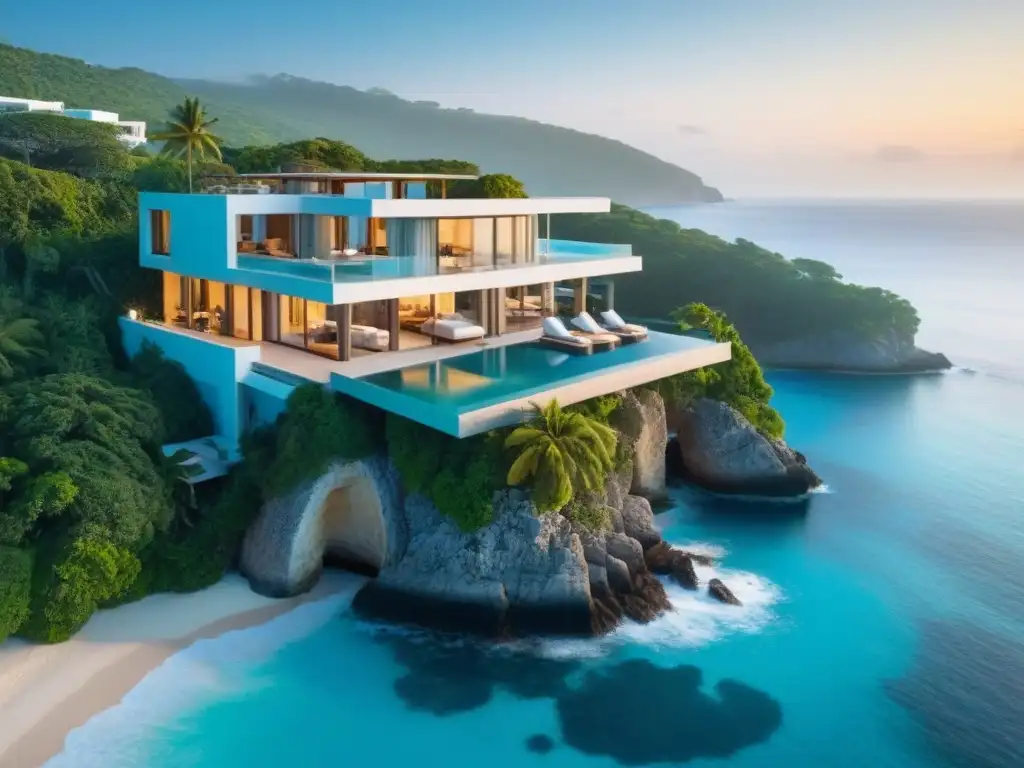 Villa de lujo en acantilado con vistas al mar turquesa Inversión en villas vacacionales costeras: Exclusiva villa de lujo en acantilado con piscina infinita y vistas al mar turquesa al atardecer