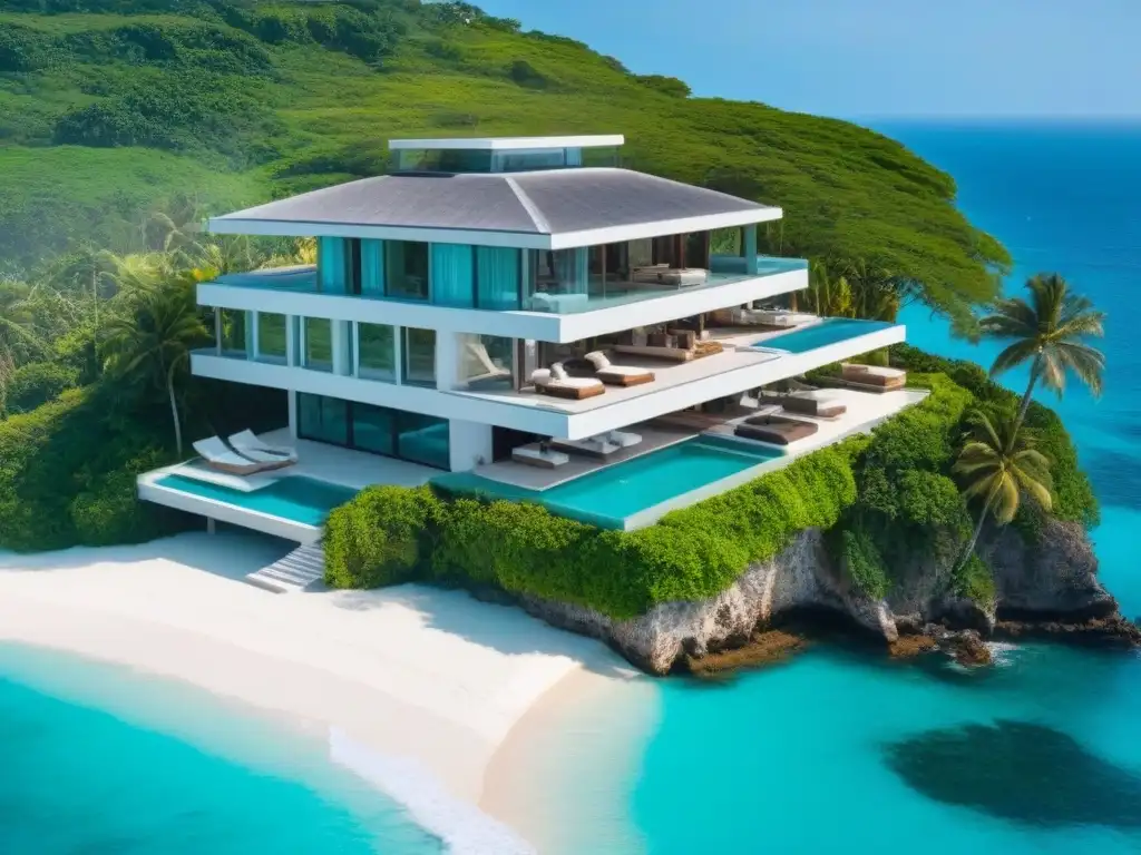 Villa de lujo en acantilado: Opulencia costera con vista al mar Inversión en villas vacacionales costeras: Exuberante villa de lujo en acantilado con vista al mar turquesa y piscina infinita