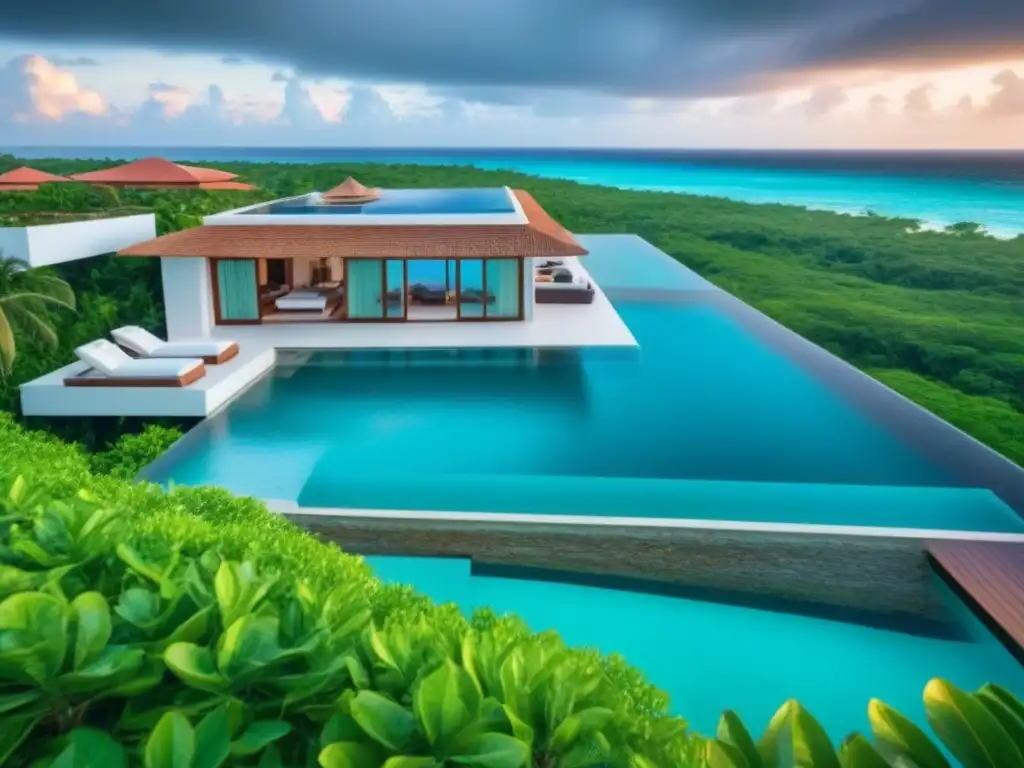 Villas de lujo en Riviera Maya: arquitectura moderna con vistas panorámicas Villas vacacionales costeras de impacto económico en la Riviera Maya: lujo y naturaleza se fusionan al atardecer