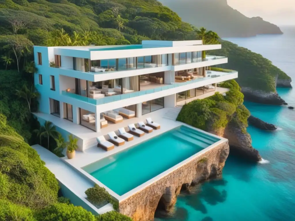 Villa de lujo frente al mar: atardecer dorado y diseño moderno Inversión en villas vacacionales costeras: impresionante villa de lujo en acantilado con piscina infinita y vistas al mar turquesa al atardecer