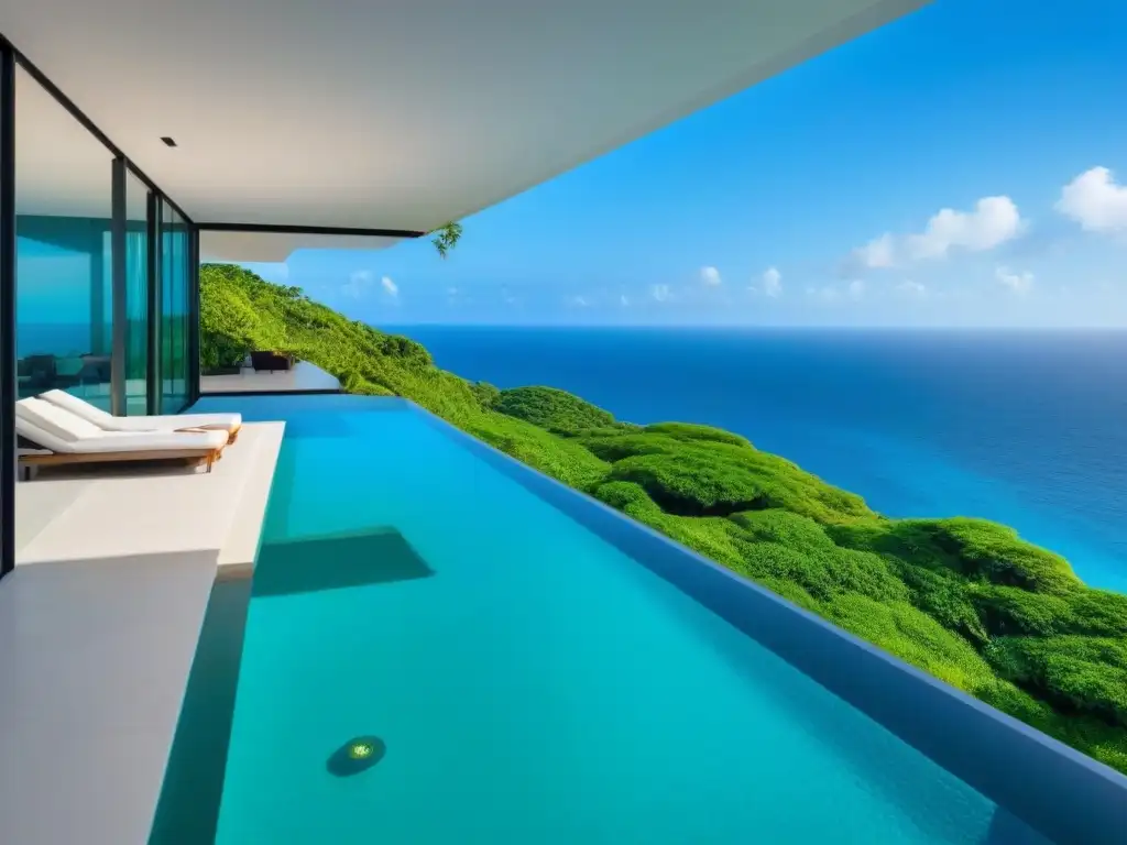 Villa de lujo en acantilado con piscina infinita y vistas al mar Inversión en villas vacacionales costeras: lujosa villa moderna en acantilado con vistas al mar turquesa y exuberante vegetación tropical