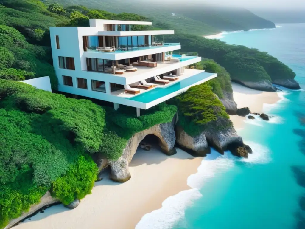 Villa de lujo en acantilado con piscina infinita y vistas al mar Inversión en villas vacacionales costeras: lujosa villa moderna con vista al mar, piscina infinita y exuberante entorno natural