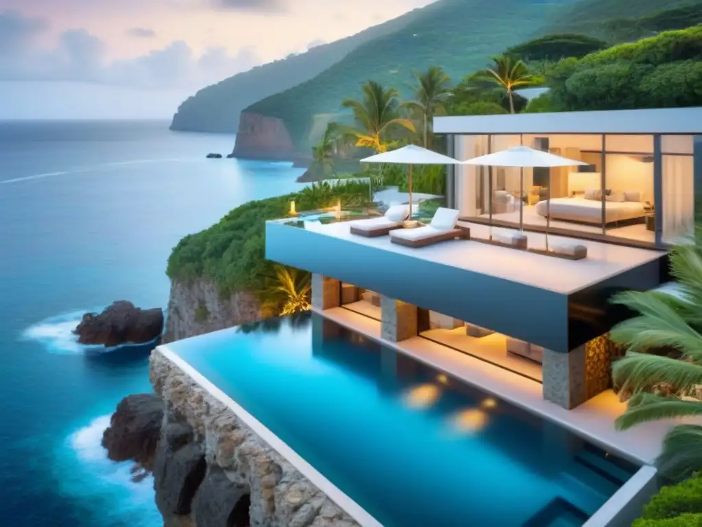 Villa de lujo en acantilado: 8k ultradetallada y exclusiva Inversión en villas vacacionales costeras: Lujosa villa moderna con piscina infinita, rodeada de naturaleza exuberante y vistas al mar