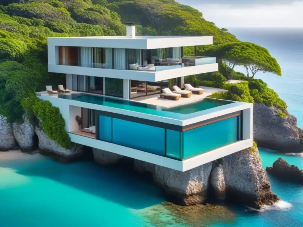 Villa de lujo en acantilado: inversión costera exclusiva Inversión en villas vacacionales costeras: vista aérea de lujosa villa en acantilado con piscina infinita y paisaje exuberante