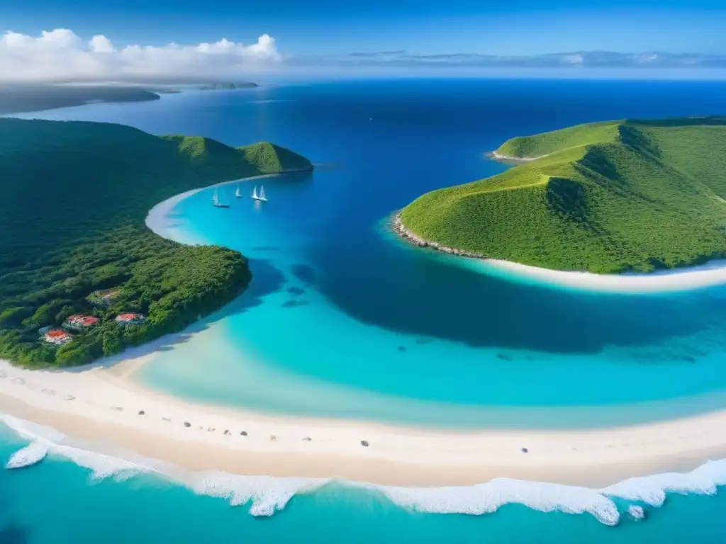 Costa paradisíaca con villas de lujo y aguas turquesas Inversión en villas vacacionales costeras: Vista aérea de costa prístina, aguas turquesas y villas de lujo entre palmeras y cielo azul