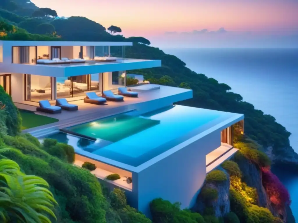 Villa de lujo en acantilado: 8k ultradetallada frente al mar turquesa Inversión en villas vacacionales internacionales: Villa de lujo en acantilado con piscina infinita y vistas al mar turquesa al atardecer