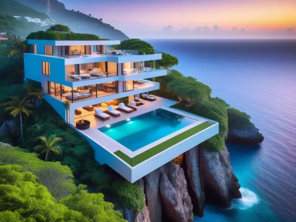 Villa de lujo con vista al mar: exclusividad y belleza natural Inversión en villas vacacionales internacionales: lujosa villa con infinity pool, vistas al mar turquesa y atardecer impresionante
