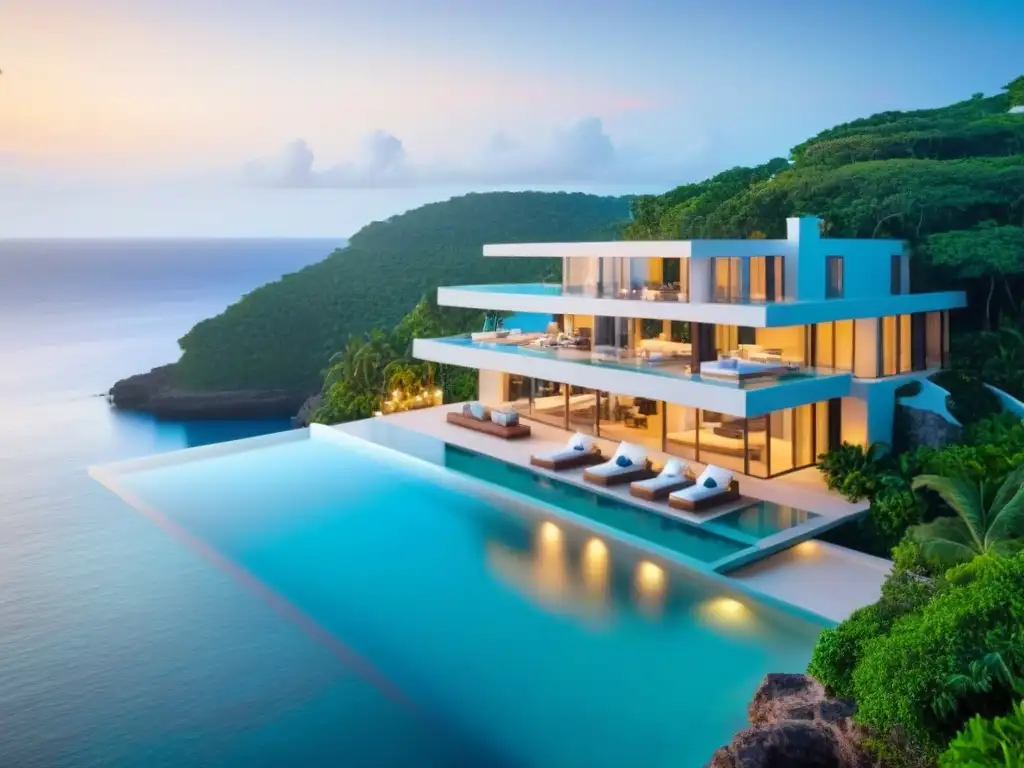 Villa de lujo con piscina infinita en acantilado Inversión en villas vacacionales internacionales: Una lujosa villa moderna en un acantilado con piscina infinita y vistas al mar turquesa al atardecer