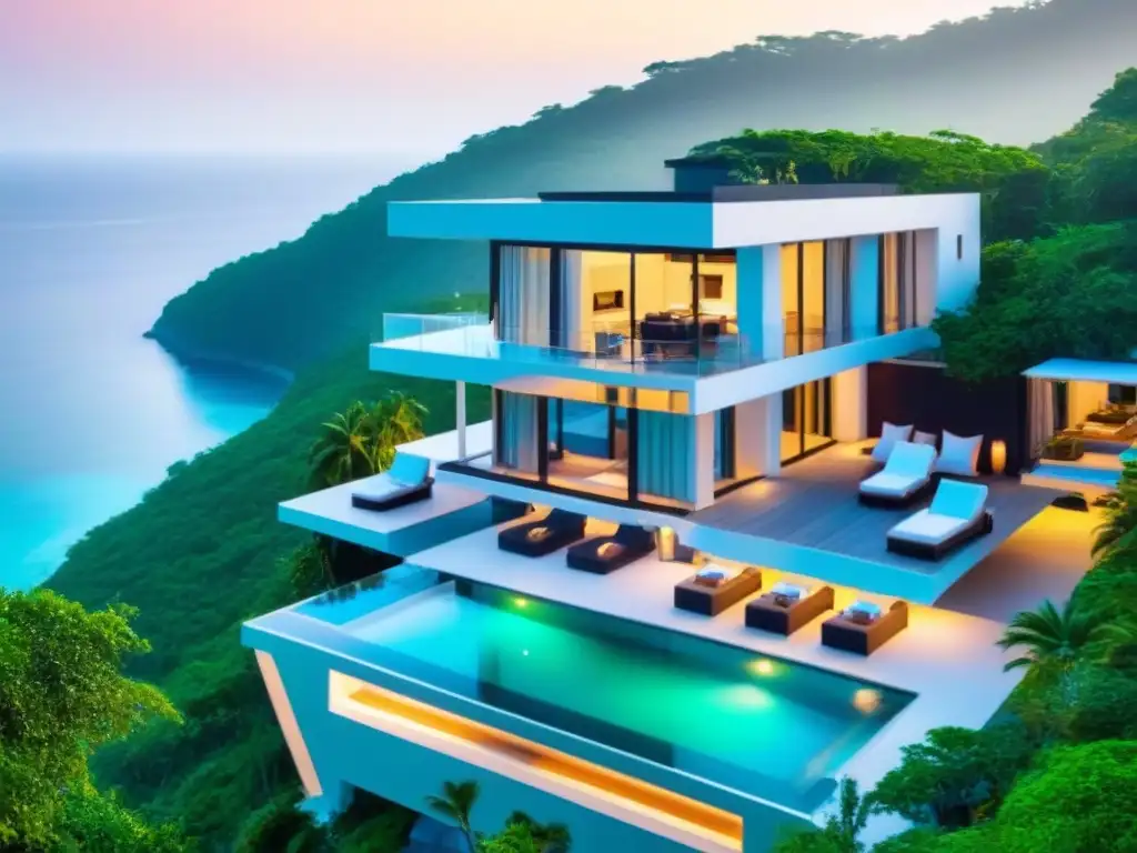 Villa de lujo frente al mar: arquitectura contemporánea y naturaleza Inversión en villas vacacionales internacionales: lujosa villa moderna en entorno costero, rodeada de vegetación y aguas turquesa