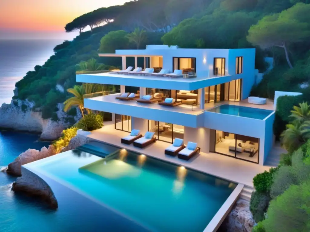 Villa de lujo con piscina infinita en acantilado mediterráneo Inversión en villas vacacionales internacionales: Majestuosa villa de lujo con piscina infinita en acantilado frente al mar Mediterráneo al atardecer