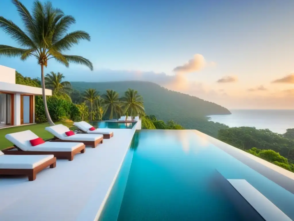 Villa de lujo con piscina infinita en paraíso tropical Inversión en villas vacacionales internacionales: Villa moderna de lujo con piscina infinita y vistas al mar turquesa al atardecer