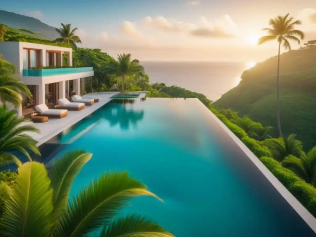 Villas de lujo con infinity pools frente al mar Villas vacacionales de lujo con impacto pandemia mercado, en costa con piscinas infinitas y vista al mar turquesa al atardecer