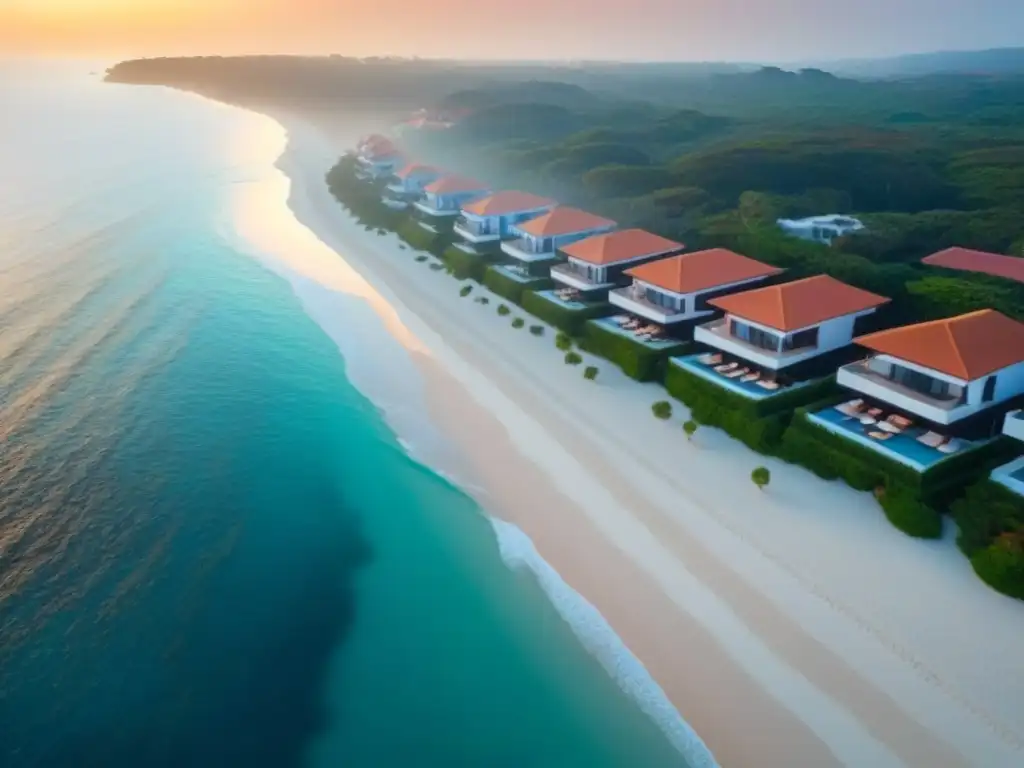 Playas desiertas y villas de lujo: serenidad en pandemia Villas vacacionales de lujo en playa desierta al atardecer, reflejando impacto pandemia mercado