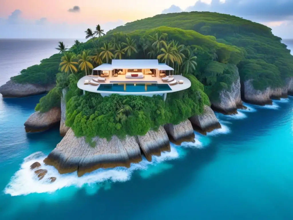 Villa de lujo en acantilado: paraíso costero Promoción villas vacacionales en redes sociales: lujosa villa costera con piscina infinita y vistas al mar turquesa al atardecer