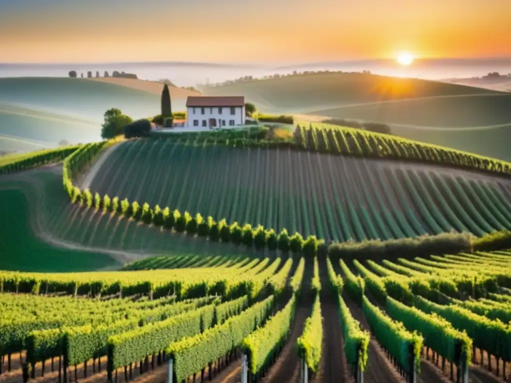 Viñedo dorado: fusión de naturaleza y tecnología para inversionistas Un viñedo al atardecer con bodega moderna: Importancia bodegas viñedos inversionistas internacionales