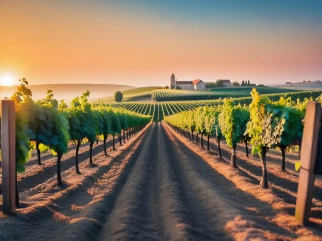 Viñedo de ensueño al atardecer: colores dorados y serenidad Viñedo al atardecer con sol dorado, bodega de piedra y viñas verdes