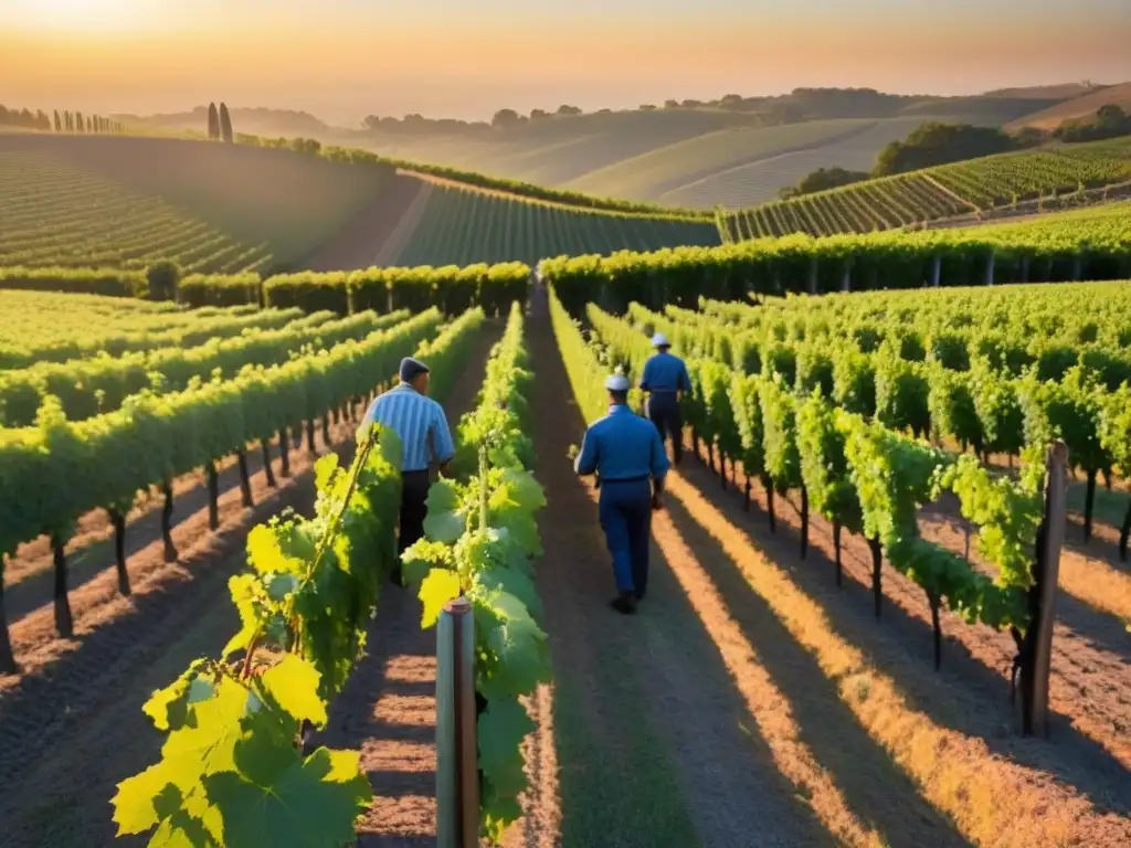 Viñedo al atardecer: tradición e innovación en la inversión vinícola Un viñedo al atardecer con trabajadores y coloridos racimos de uvas, reflejando innovadoras inversiones vinícolas internacionales rentables