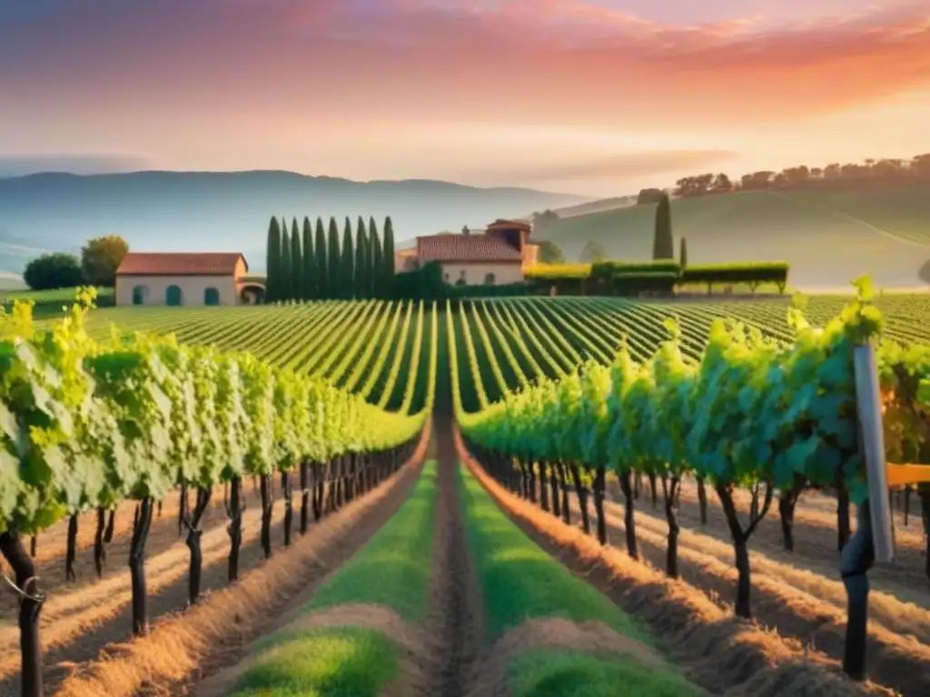 Viñedo al atardecer: inversión enología y emoción Un viñedo al atardecer con uvas verdes y una bodega moderna