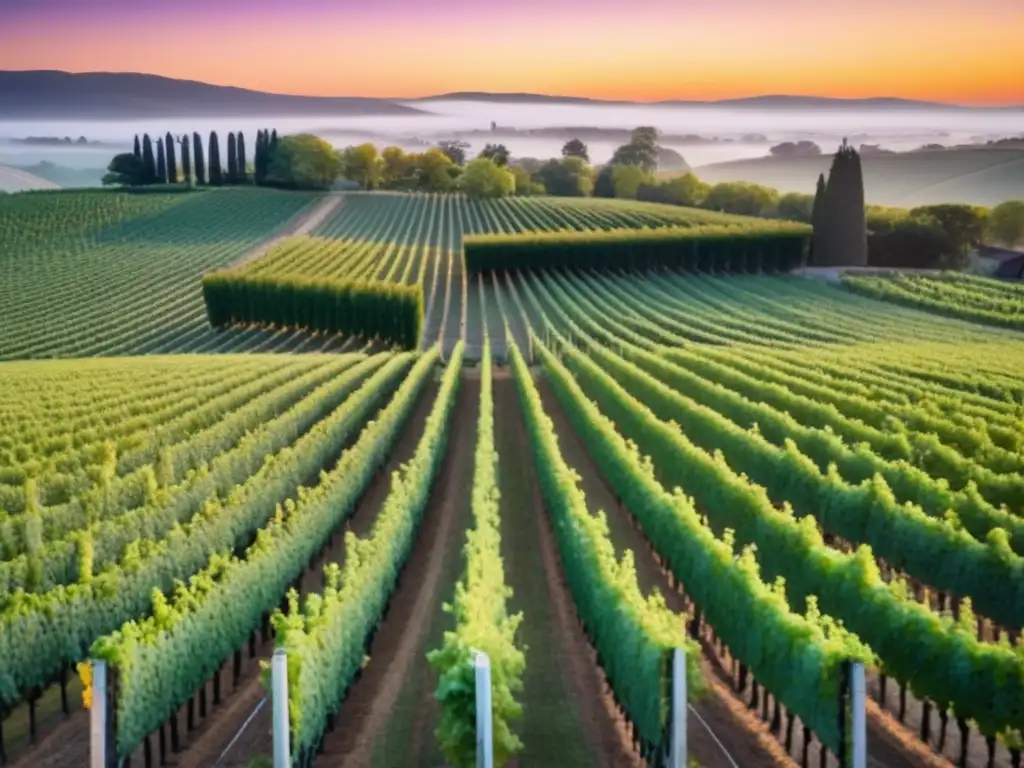 Viñedo al atardecer: tradición y modernidad en inversión vinícola Un viñedo al atardecer con una vista aérea impresionante, donde las vides verdes se extienden hacia el horizonte bajo un cielo de colores cálidos
