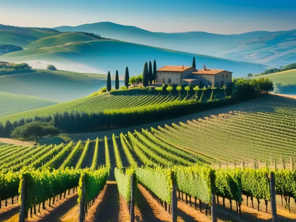 Viñedo en Toscana: Inversión exitosa en la industria del vino Un viñedo bañado por el sol en la Toscana, Italia, capturando la esencia de la Inversión en bodegas internacionales