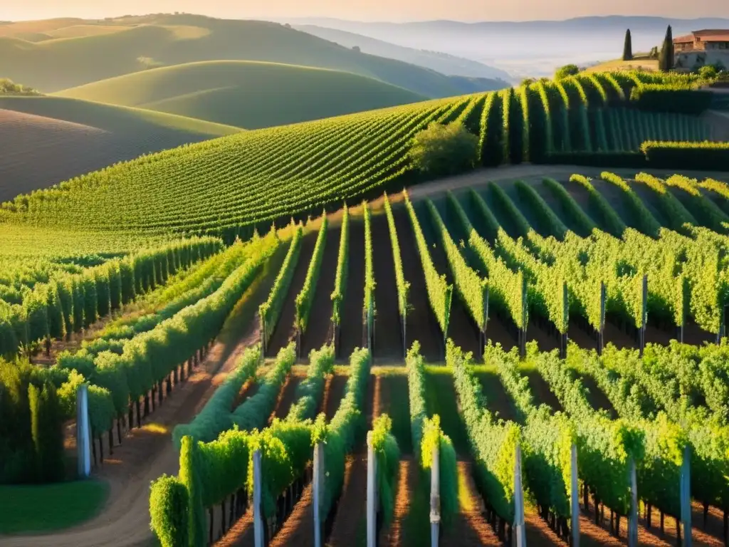 Viñedos al atardecer: paisaje sereno con luz dorada Un viñedo en colinas al atardecer, con hileras de vides verdes y un moderno viñedo al fondo