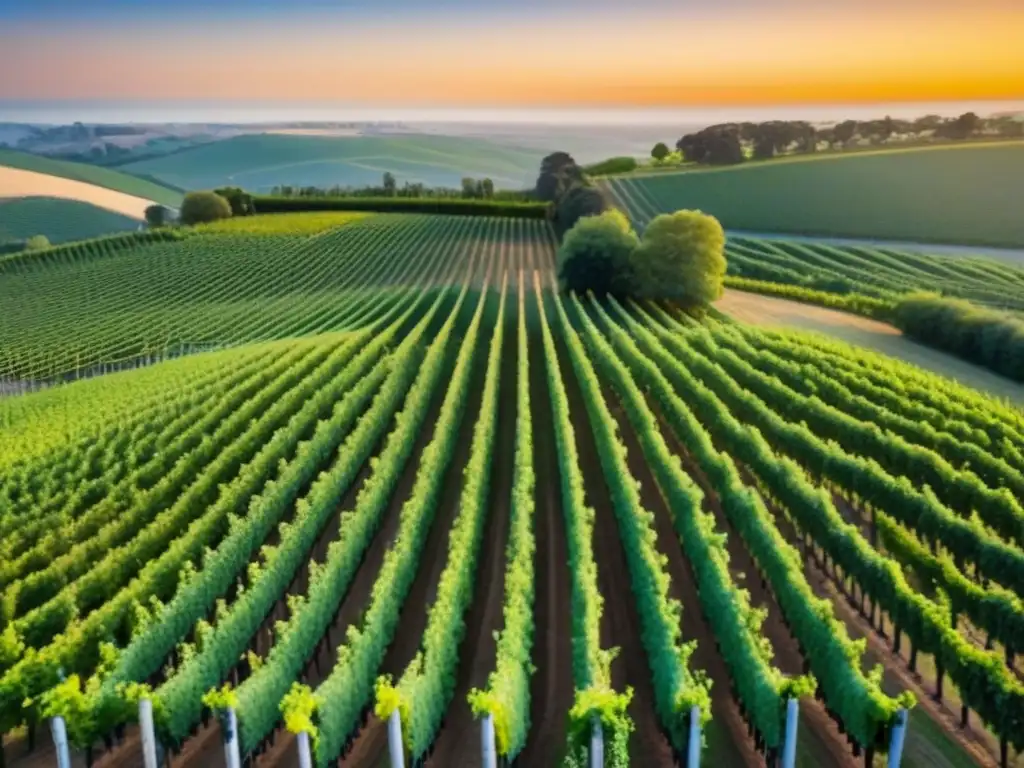 Viñedo de ensueño al atardecer: inversión internacional en vinos Un viñedo expansivo al atardecer con filas de uvas verdes, un edificio de bodega y el potencial de Inversiones internacionales en bodegas