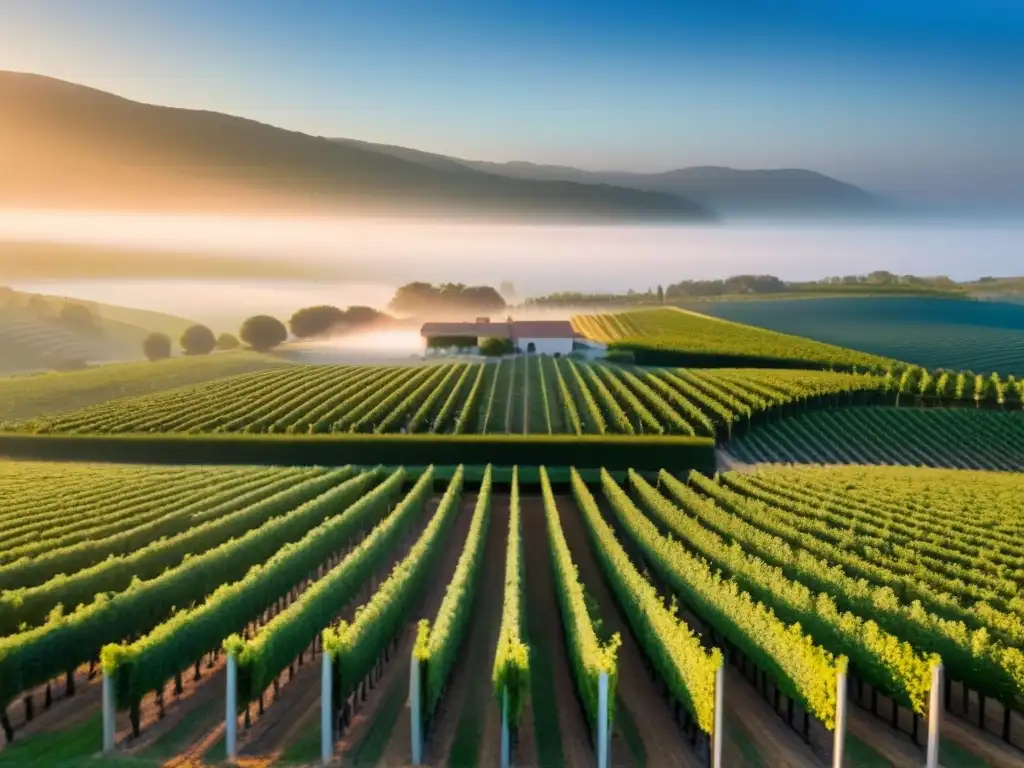 Viñedo dorado al atardecer: inversión enología Un viñedo exquisito se extiende hacia el horizonte al atardecer, invitando a inversionistas globales en bodegas internacionales