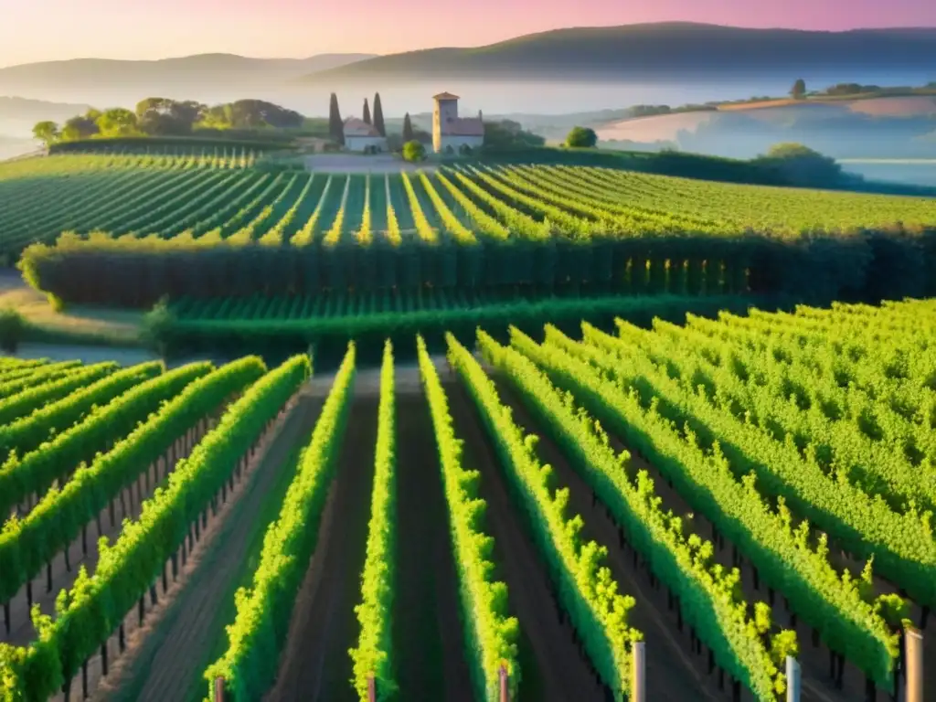 Viñedo al atardecer: belleza y sofisticación Un viñedo extenso al atardecer, con filas de parra verde y una bodega al fondo