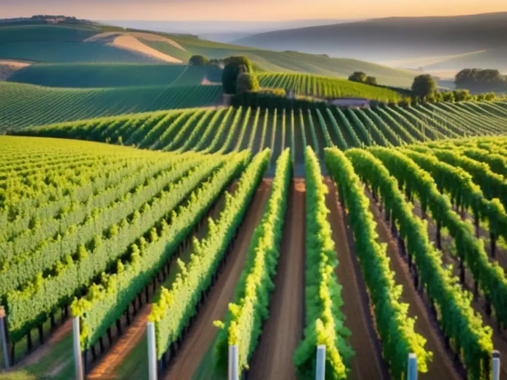Viñedo dorado al atardecer: fusión de tradición e innovación Un viñedo extenso al atardecer, con hileras de vides bañadas por la cálida luz dorada del sol poniente, rodeado de colinas