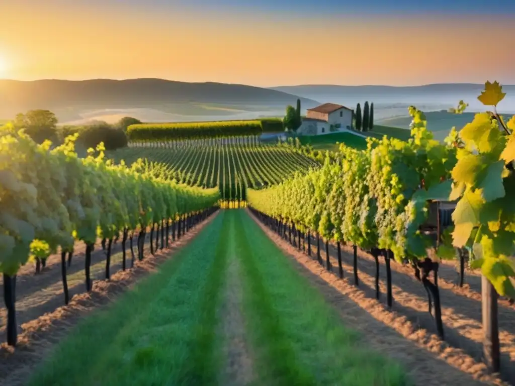 Viñedo al atardecer: belleza natural y modernidad Un viñedo exuberante al atardecer con colores vibrantes y una bodega moderna al fondo